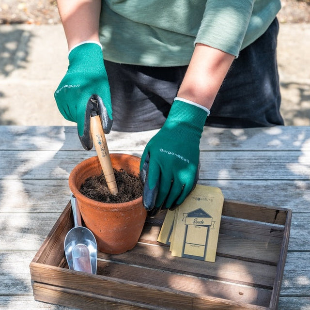 Person planting a seedling in a pot with gardening tools on a wooden tray outdoors.