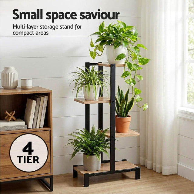 Multi-layer storage stand with plants and books in a room setting, labeled 'Small space saviour'.