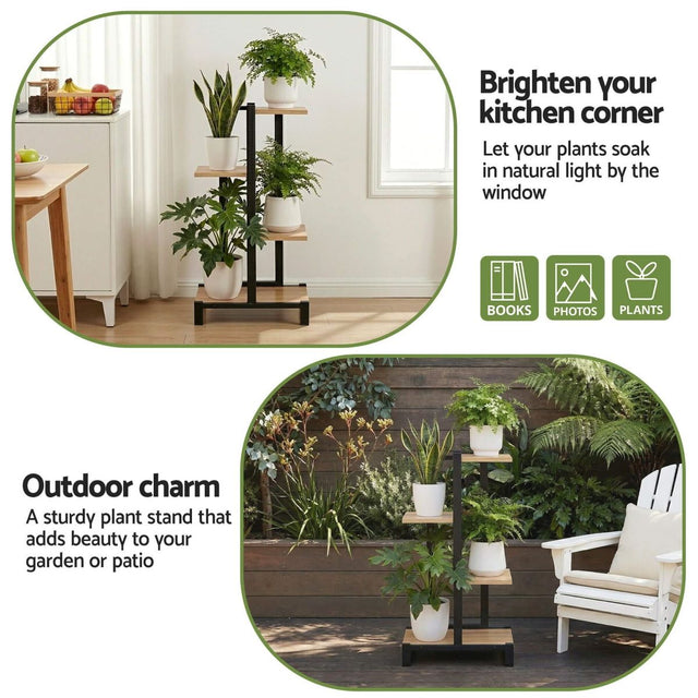 Sturdy plant stand with plants in a kitchen and garden setting, promoting natural light and outdoor charm.