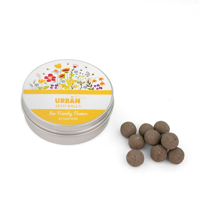 Urban Seed Balls packaging with seed balls on a white background