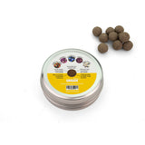 Tin of brown pet treats with a white background