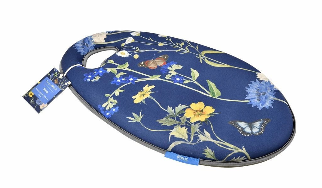 Floral-patterned kneeling cushion for gardening on a white background