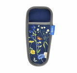 Navy blue pouch with floral design and gray border on a white background