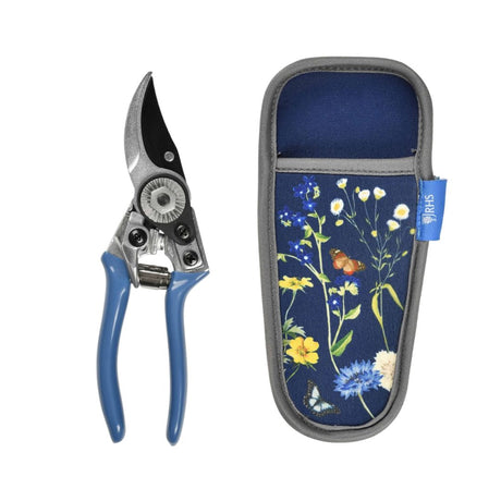 Gardening pruning scissors with a floral-patterned holster on a white background