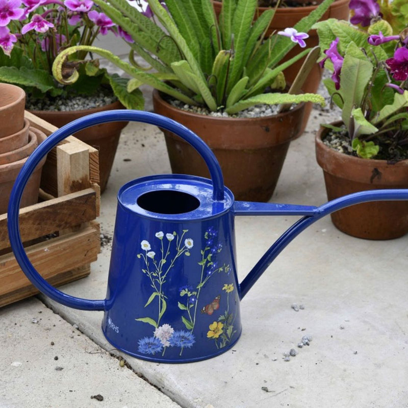 Blue watering can with floral design on a concrete surface with potted plants in the background