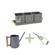 Set of gardening tools including a watering can, scissors, and a metal tray with three pots on a white background.