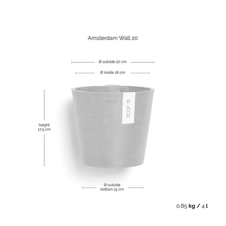 Gray ecopots flower pot with dimensions and weight information on a white background