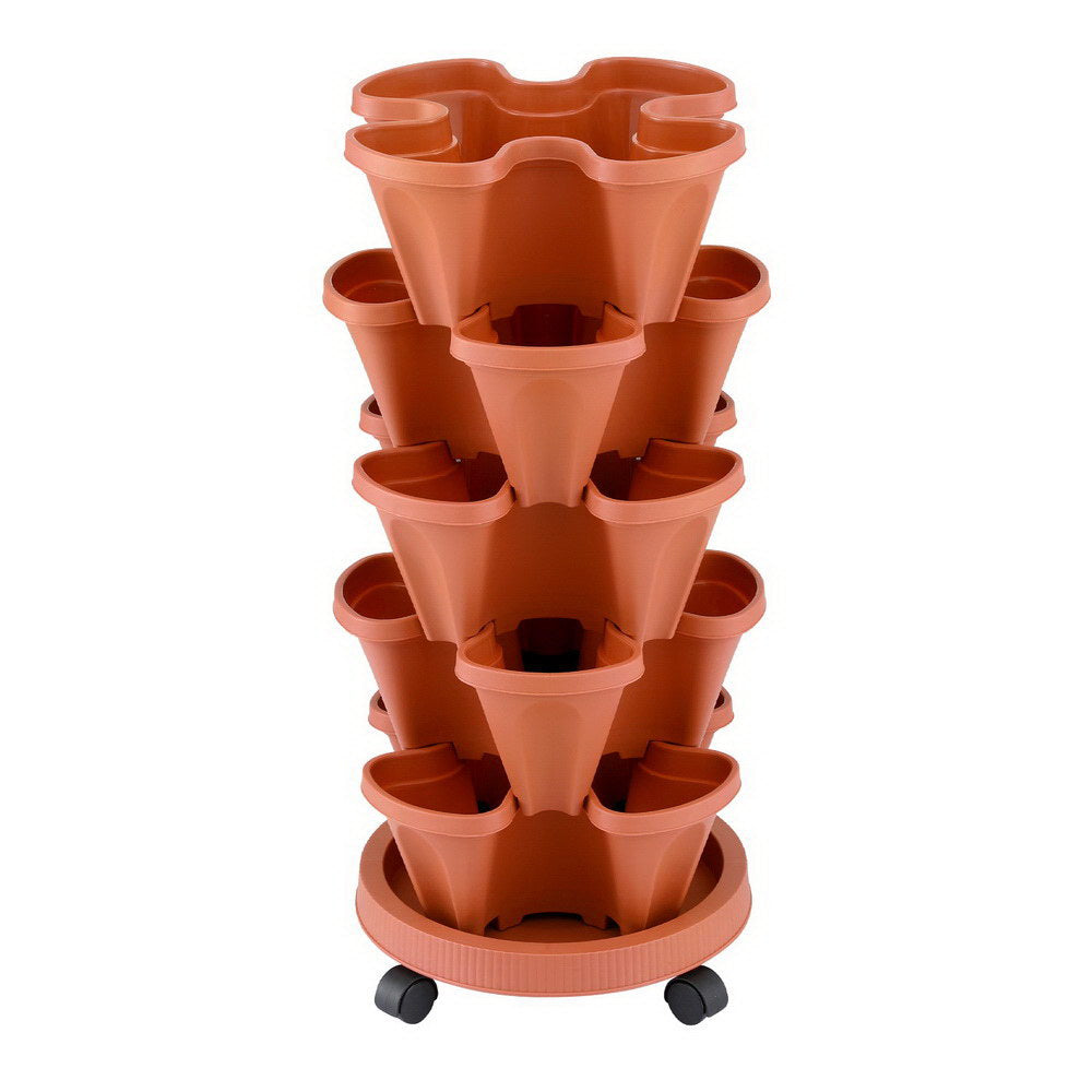 Terracotta-colored tiered plant stand on a white background