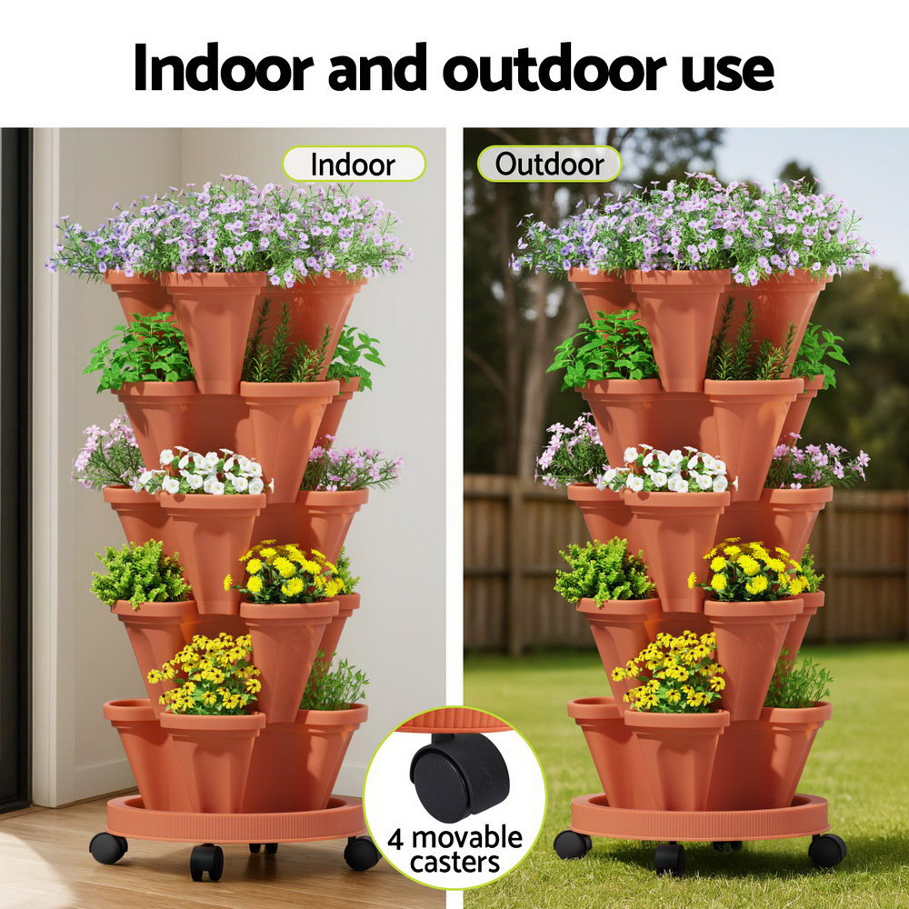 Terra cotta tiered plant stand with plants indoors and outdoors, featuring movable casters.