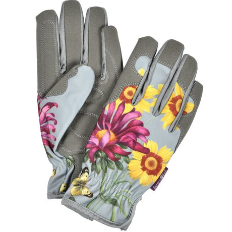 Pair of gardening gloves with floral design on a white background