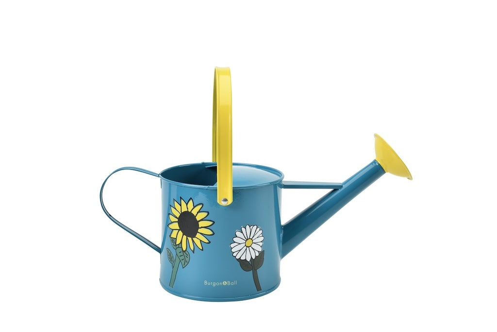 growing gardeners blue childrens watering can with flower images on side, yellow handle and spout 