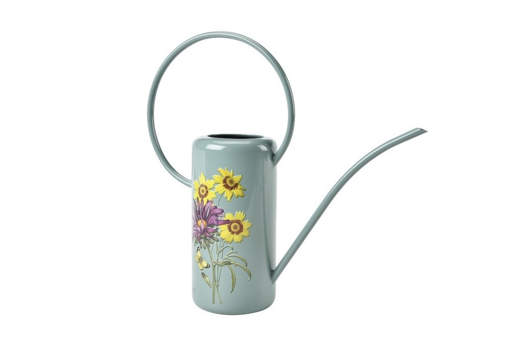 Light blue watering can with floral design on a white background