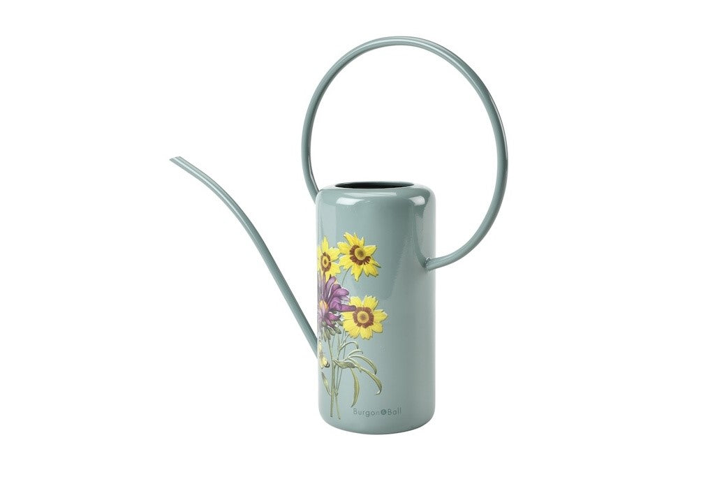 Light blue watering can with floral design on a white background