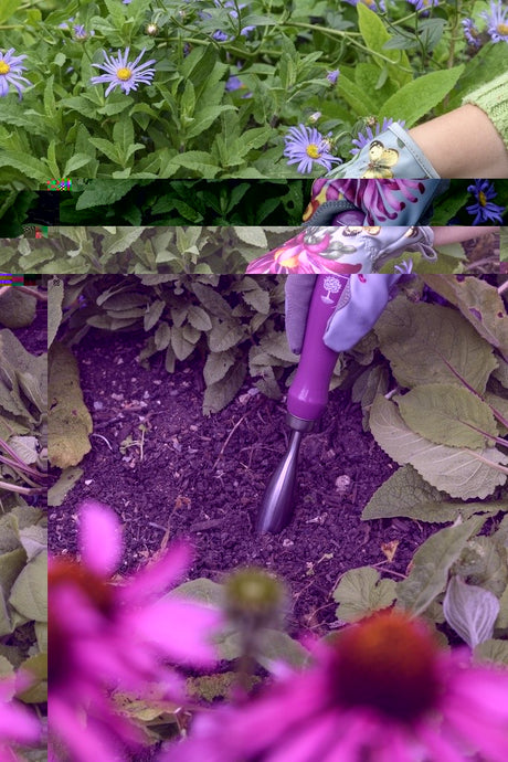 Person gardening with a trowel, surrounded by greenery and flowers.