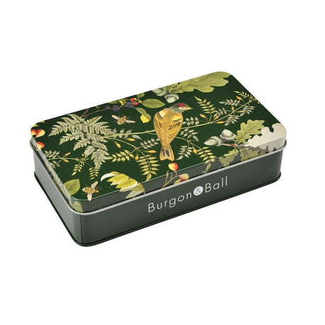 Rectangular tin box with floral design and 'Burgon & Ball' branding on a white background