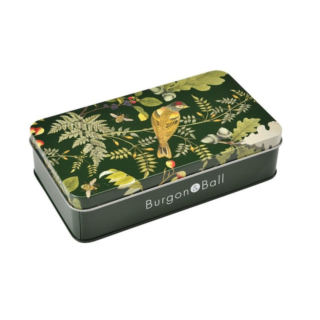 Rectangular tin box with floral design and 'Burgon & Ball' branding on a white background