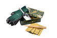 Gardening tool set with gloves, trowel, and seed packets on a white background