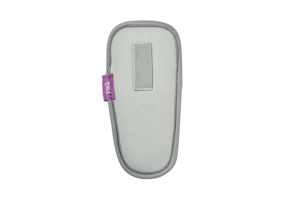 Gray pouch with a purple tag on a white background