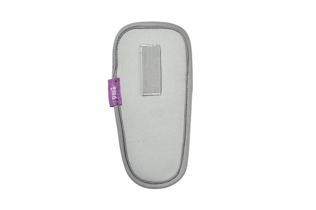 Gray pouch with a purple tag on a white background