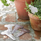 Metal plant markers with engraved names next to potted plants on a stone surface.