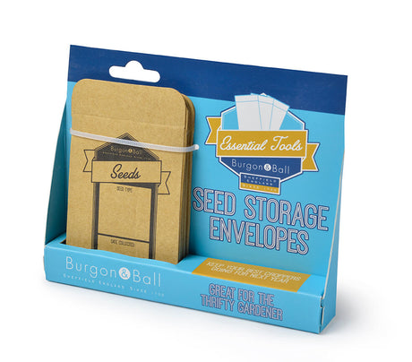 Burgon & Ball Seed Storage Envelopes in retail packaging, featuring kraft paper seed envelopes inside a blue and light blue cardboard display box.