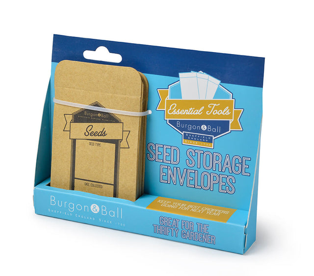 Burgon & Ball Seed Storage Envelopes in retail packaging, featuring kraft paper seed envelopes inside a blue and light blue cardboard display box.