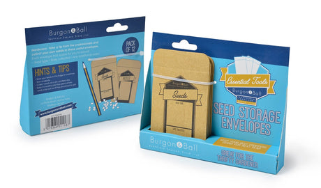 Burgon Ball seed storage envelopes shown in their retail packaging, with both the front and back of the box visible on a clean white background.