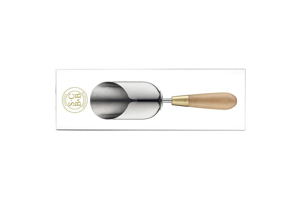 Metal ice cream scoop with a wooden handle on a white background