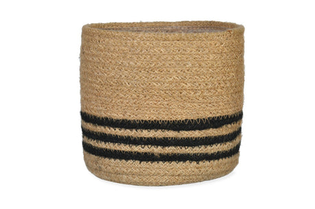 Woven pot basket with black stripes on a white background