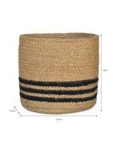 Woven basket with black stripes and measurements on a white background