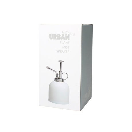 White plant mist sprayer with silver nozzle in packaging on a white background