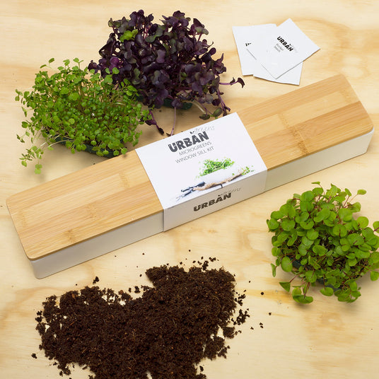 Microgreens kit with soil and packaging on a wooden surface