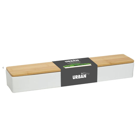 Rectangular windowsill planter with bamboo top and drop tray
