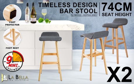 Set of 2 Wooden Bar Stool 74cm Sophia Fabric Dining Chairs Kitchen - Grey
