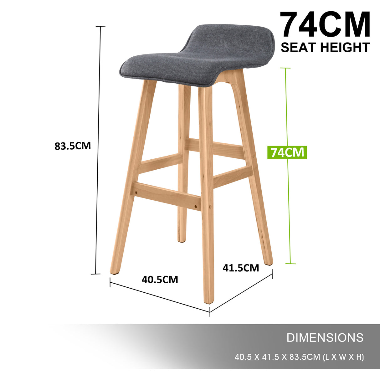 Set of 2 Wooden Bar Stool 74cm Sophia Fabric Dining Chairs Kitchen - Grey