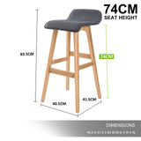 Set of 2 Wooden Bar Stool 74cm Sophia Fabric Dining Chairs Kitchen - Grey