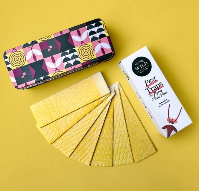 Pest traps with a colorful tin and a box on a yellow background